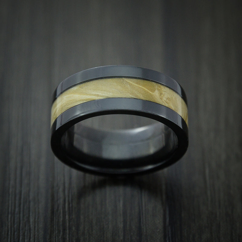 BLACK ZIRCONIUM Ring inlaid with MAPLE BURL WOOD Custom Made