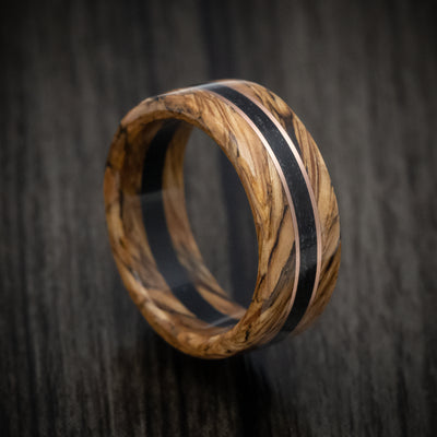 Whiskey Barrel Wood and Ebony Wood Marbled Wood Men's Ring with Rose Gold Inlay Custom Made Band