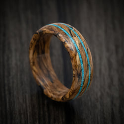 Whiskey Barrel Marbled Wood Men's Ring with Turquoise Inlays Custom Made Band
