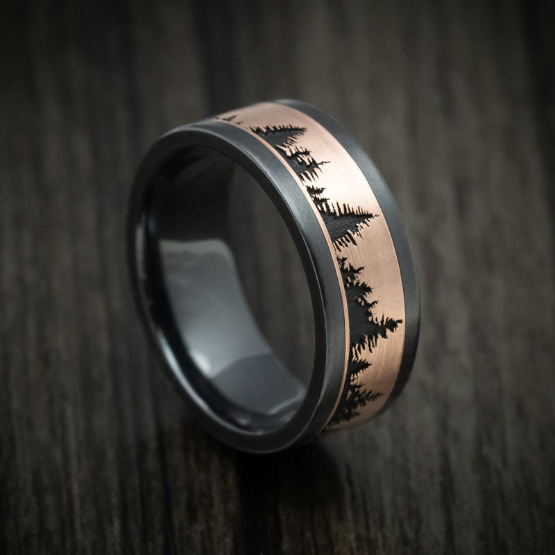 Black Zirconium And Gold Spruce Pine Tree Design Men's Ring