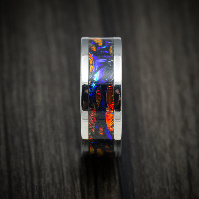 Anello Uomo In Titanio E Fibra Di Carbonio - Larghezza 8mm - Dichrolam Fire Burl Colorato - Comfort Fit - Foto 1