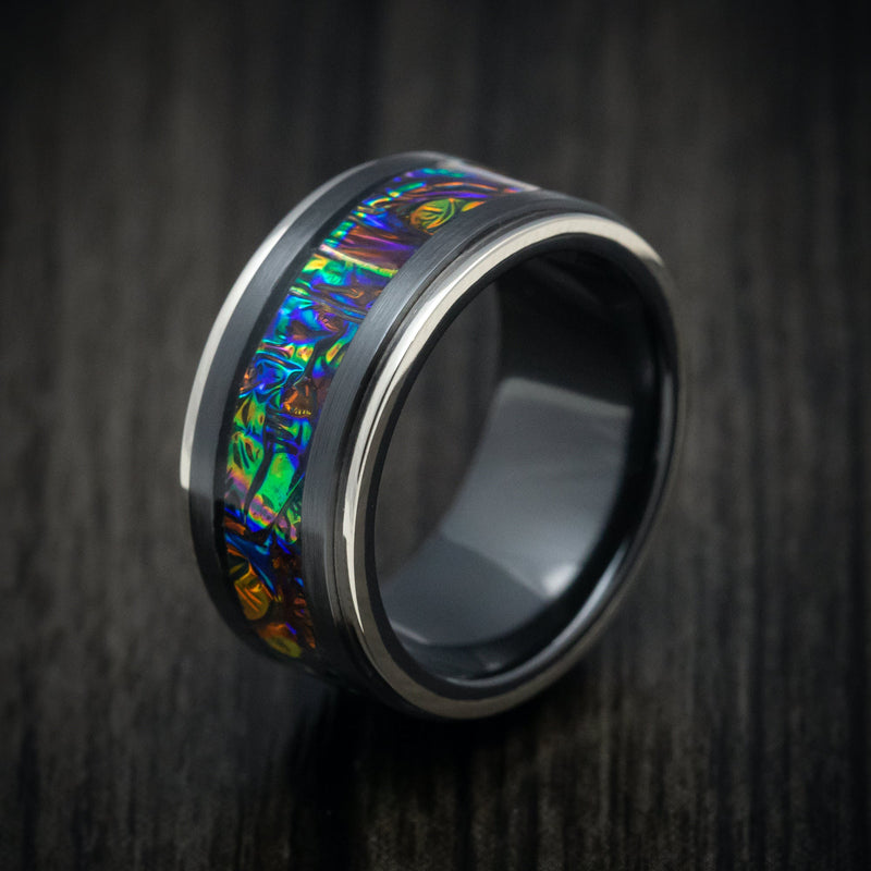 Black Titanium and Dichrolam Inlay Men's Ring with Gold Edges Custom Made Band