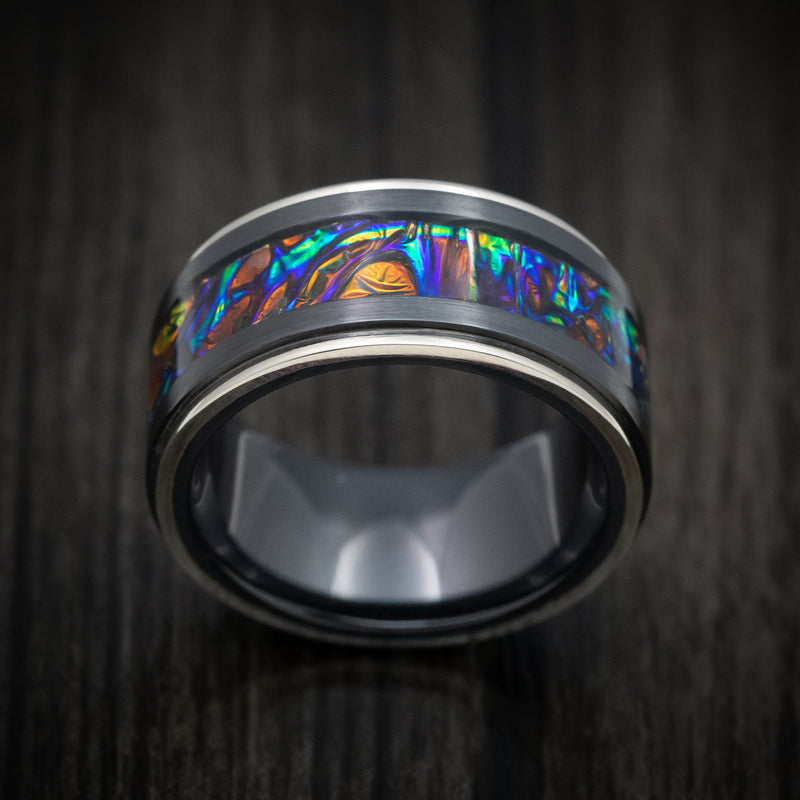 Black Zirconium and Dichrolam Inlay Men's Ring with Gold Edges Custom Made Band