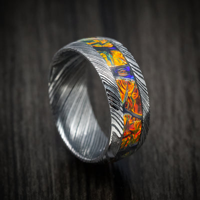Woodgrain Kuro Damascus Steel and Dichrolam Inlay Men's Ring Custom Made Band