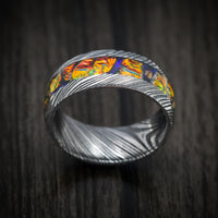 Kuro Damascus Steel and Dichrolam Inlay Men's Ring Custom Made Band