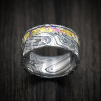 Marble Kuro Damascus Steel and Dichrolam Inlay Men's Ring Custom Made Band
