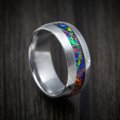 Damascus Steel and Dichrolam Inlay Men's Ring Custom Made Band