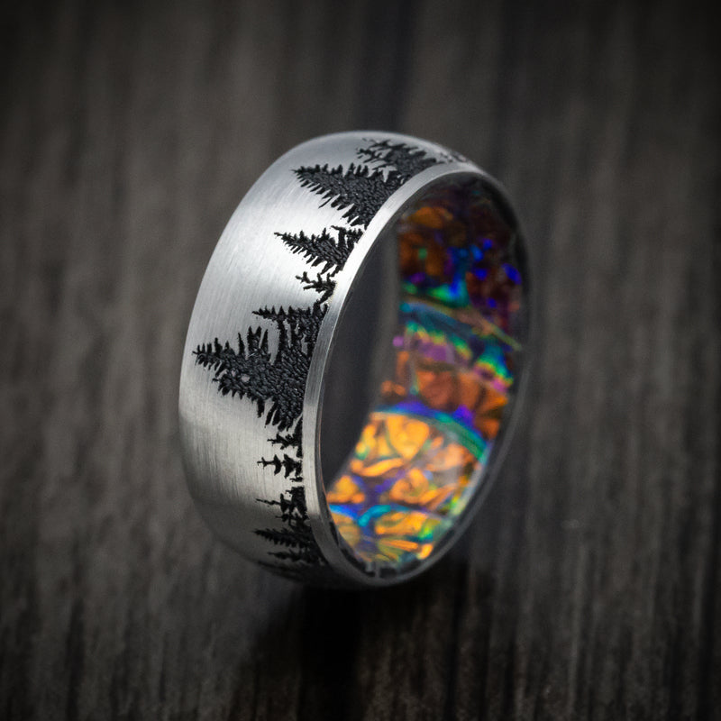 Titanium and Spruce Pine Tree Design Band With Dichrolam Sleeve Men's Ring Custom Made Band