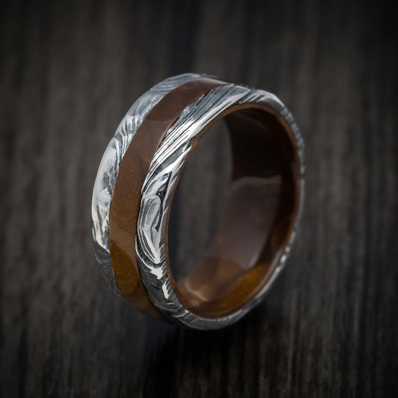Marble Kuro Damascus Steel and Juma Sleeve and Inlay Men's Ring Custom Made Band