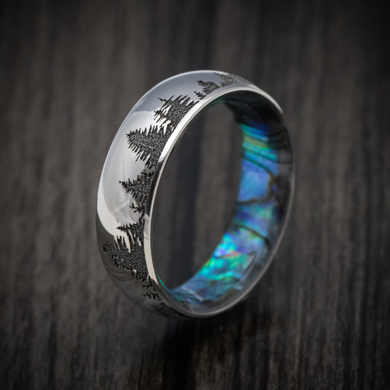 Titanium Spruce Pine Trees Men's Ring with Abalone Sleeve Custom Made