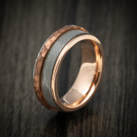 Damascus Steel Men's Ring with Copper Inlay and Interior 14k Rose Gold Sleeve Custom Made Band