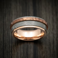 Damascus Steel Men's Ring with Copper Inlay and Interior 14k Rose Gold Sleeve Custom Made Band