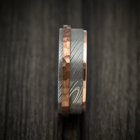 Damascus Steel Men's Ring with Copper Inlay and Interior 14k Rose Gold Sleeve Custom Made Band