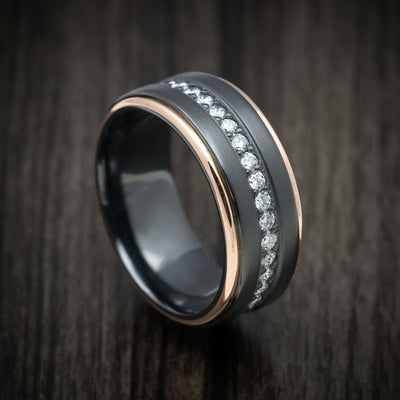 Black Titanium and Half Eternity Diamond Men's Ring with Gold Inlays Custom Made Band