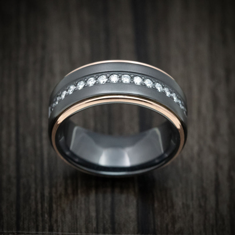 Black Titanium and Half Eternity Diamond Men's Ring with Gold Inlays Custom Made Band