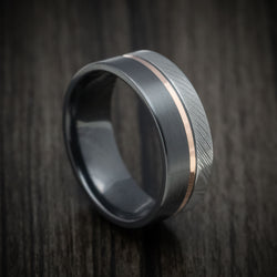 Black Zirconium Men's Ring with Damascus Steel and 14K Gold Inlay Custom Made Band