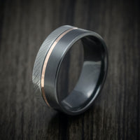 Black Zirconium Men's Ring with Damascus Steel and 14K Gold Inlay Custom Made Band