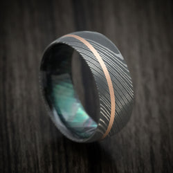 Damascus Steel and Black Mother of Pearl Men's Ring with 14K Gold Inlay