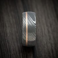 Damascus Steel and Black Mother of Pearl Men's Ring with 14K Gold Inlay
