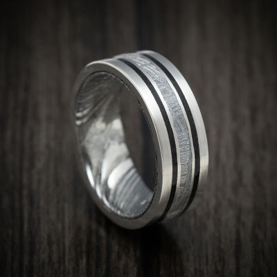 Platinum Men's Ring with Meteorite and Dinosaur Bone Inlays and Woodgrain Kuro Damascus Steel Sleeve