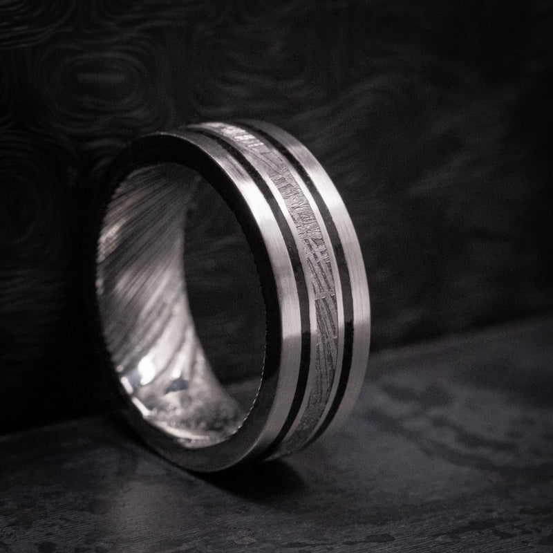 Platinum Men's Ring with Meteorite and Dinosaur Bone Inlays and Kuro Damascus Steel Sleeve