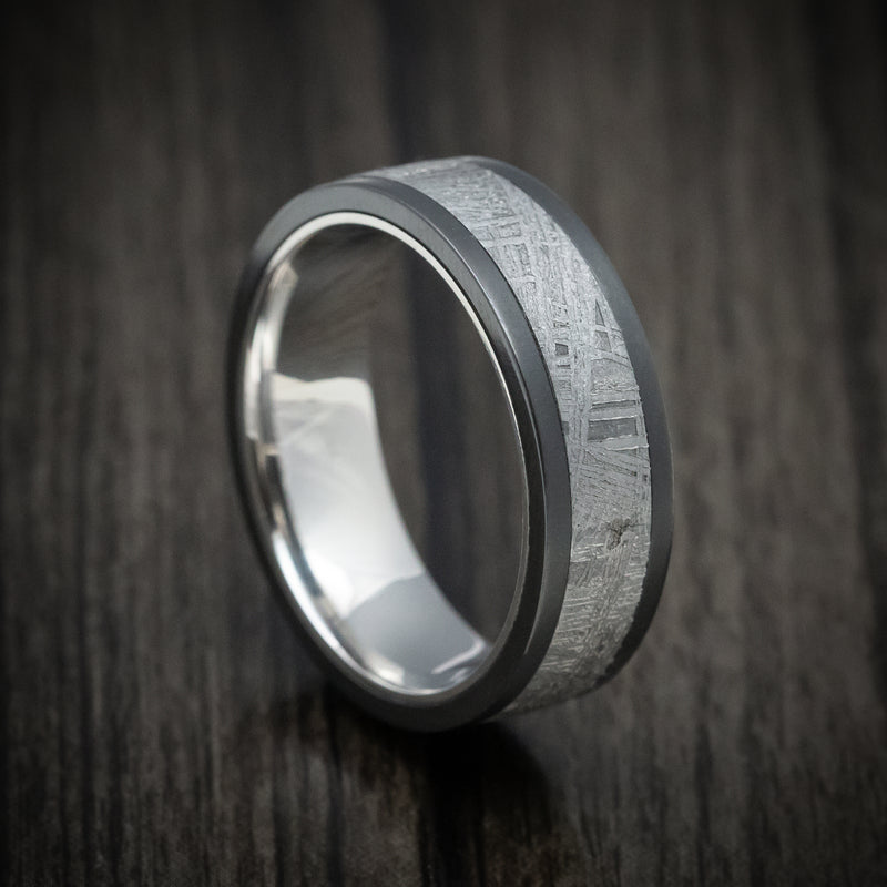 Black Zirconium Men's Ring with Meteorite Inlay and Cobalt Chrome Sleeve