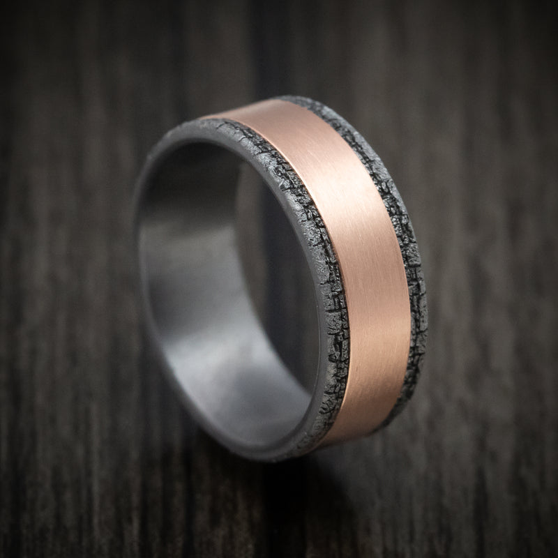 Tantalum Men's Ring with Stone Wall Texture and 14K Gold Inlay