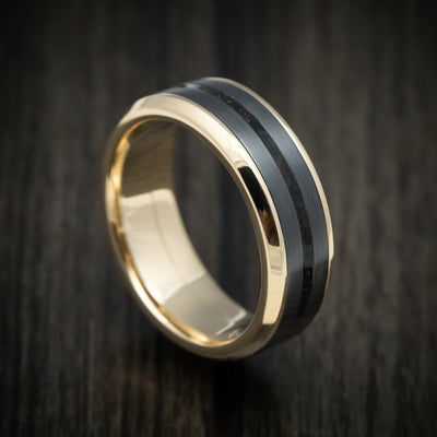 Yellow Gold Men's Ring with Zirconium and Dinosaur Bone Inlays Custom Made Band