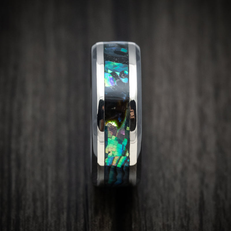 Black Zirconium Men's Ring with Silver and Abalone Inlays Custom Made Band