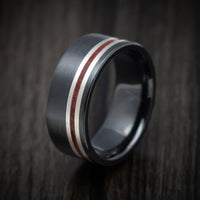 Black Titanium Men's Ring with Silver and Coral Inlays Custom Made Band