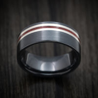 Black Zirconium Men's Ring with Silver and Coral Inlays Custom Made Band