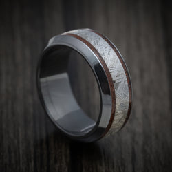 Black Zirconium Men's Ring with Dinosaur Bone and Meteorite Inlays Custom Made Band