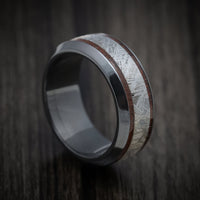Black Titanium Men's Ring with Dinosaur Bone and Meteorite Inlays Custom Made Band