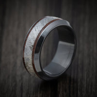 Black Titanium Men's Ring with Dinosaur Bone and Meteorite Inlays Custom Made Band