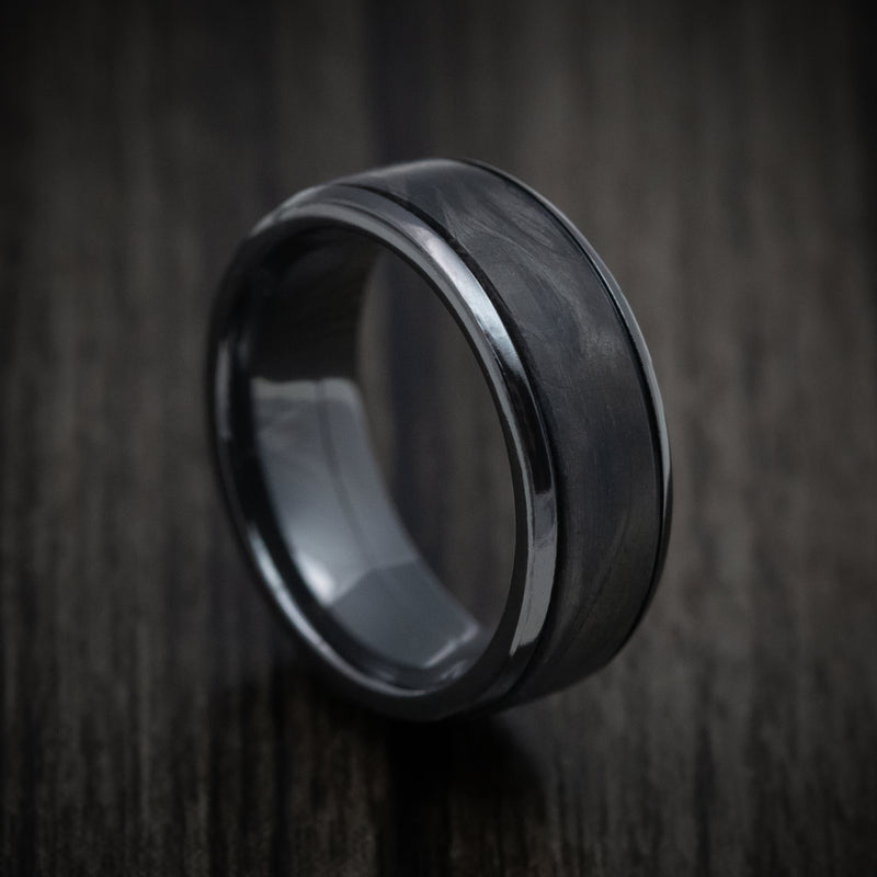 Black Zirconium Men's Ring with Forged Carbon Fiber and Cerakote Inlays Custom Made Band