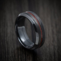 Black Titanium Men's Ring with Forged Carbon Fiber and Coral Inlays Custom Made Band