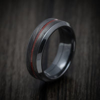 Black Zirconium Men's Ring with Forged Carbon Fiber and Coral Inlays Custom Made Band