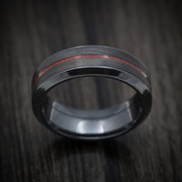 Black Zirconium Men's Ring with Forged Carbon Fiber and Coral Inlays Custom Made Band