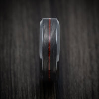 Black Titanium Men's Ring with Forged Carbon Fiber and Coral Inlays Custom Made Band