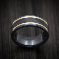 Black Titanium Men's Ring with Forged Carbon Fiber and 14K Gold Inlays Custom Made Band