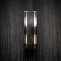 Black Zirconium Men's Ring with Forged Carbon Fiber and 14K Gold Inlays Custom Made Band