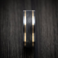 Black Titanium Men's Ring with Forged Carbon Fiber and 14K Gold Inlays Custom Made Band