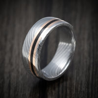 Flat Twist Damascus Steel Men's Ring with 14K Gold and Dinosaur Bone Inlays Custom Made Band