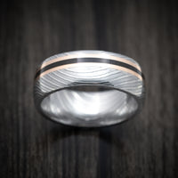 Flat Twist Damascus Steel Men's Ring with 14K Gold and Dinosaur Bone Inlays Custom Made Band