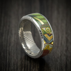 Damascus Steel Men's Ring with Kings Wild Project Robin Hood Playing Card Inlay Custom Made Band