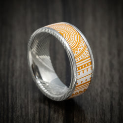 Damascus Steel Men's Ring with Kings Wild Project Copper Invocation Playing Card Inlay Custom Made Band