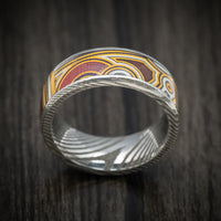 Damascus Steel Men's Ring with Kings Wild Project Gold Maduro Playing Card Inlay Custom Made Band