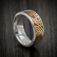 Damascus Steel Men's Ring with Kings Wild Project Arthurian Playing Card Inlay Custom Made Band