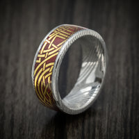 Damascus Steel Men's Ring with Kings Wild Project Arthurian Playing Card Inlay Custom Made Band