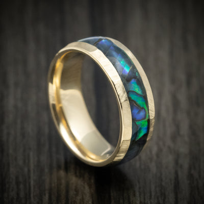 Yellow Gold Men's Ring with Abalone Inlay Custom Made Band